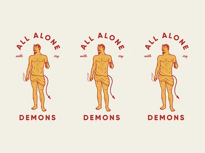 All Alone with My Demons alcohol alone badge beer chest hair cigarette cloth covid 19 demon devil drapery figure figure drawing horns nude red script t shirt tail yellow