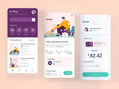 Charity design animal app card charity chart clean dashboard dog green illustration landing menu minimal mobile payment profile red redesign ui website