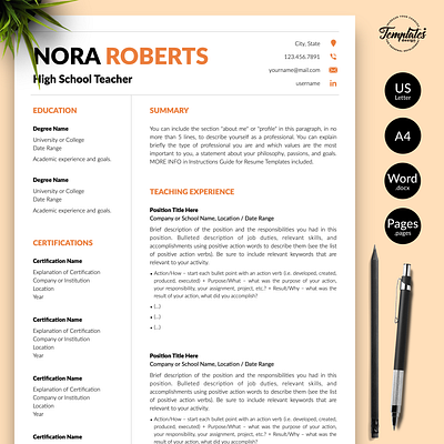 Teacher Resume for Word & Pages “Nora Roberts” modern resume one page resume professional cv professional resume resume for pages resume for teacher resume for word resume template resume with cover teacher cv format teacher cv template teacher cv word teacher example cv teacher example resume teacher resume teacher resume format teacher resume word teacher word curriculum teaching resume two page resume