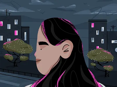 outside 🌸 blossom building character character design city girl illustration night nighttime outside street trees twilight