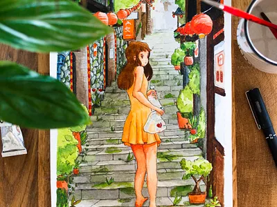 Kaidan - Watercolor illustration art artist asian city draw girl illustration illustration art japan japanese landscape nature paint plant print watercolor watercolor painting watercolour