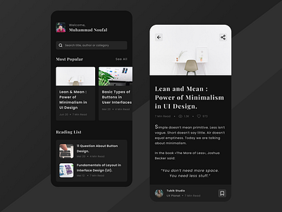 Blog Mobile App app blogapp daily ui dailyui dark app dark mode dark ui darkmode darktheme design illustration mobile app design mobile ui mockup mockup design reading readingapp redesign