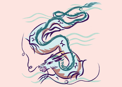 Haku dragon fantasy flow green haku hayao miyazaki illustraton japanese dragon line art mythical pink procreate spirited away studio ghibli water