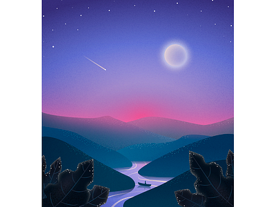 Moonlight grain illustration landscape moon mountains noise river stars vector