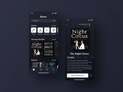 Bookshelf App 🌘 022 apple author book bookshelf daily challange dailyui dark app dark mode dark theme dark ui design edgar allan poe genres minimal search search results searching ui ux