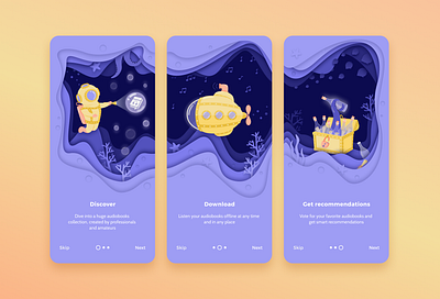 Onboarding flow for audiobooks app app audiobooks design illustration ui vector