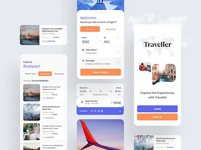 Travelling App 2020 2021 adventure app banglore branding budapest clean debut design doha icons illustration mobile qatar screen travel trip typography ui