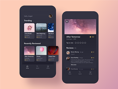 Music Review & Rating App album album cover bottom navigation cards dark dark mode dark ui design mobile mobile app mobile ui music rating review reviews score song songs ui ux