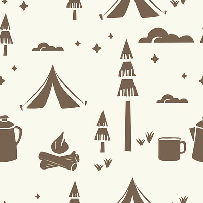 Camping Linocut Pattern ai block blockprinting brown camping cream illustration linocut nature nighttime outdoor pattern printing tan vector