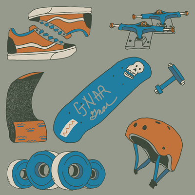 Nouns of Skating deck grip grip tape helmet illustration shoes skate skateboard skateboarding skating spot illustration trucks vans wheels