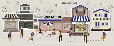 peoples in town character covid 19 design illustration peoples social distancing supermarket town vector