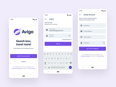 Avigo Onboarding android app design create account launch screen login screen material design registration splash screen ticket booking app tourism travel agency app travel app ui ux