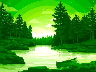 Green Landscape boat canada coast forest grain illustration lake landscape nature proart prokopenko reflection reserved river scene scenery steam style tree view