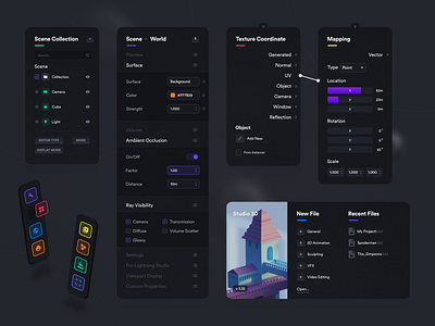 3D Software - UI Elements 3d software app colorful components dark dark mode design elements ui user interface ux