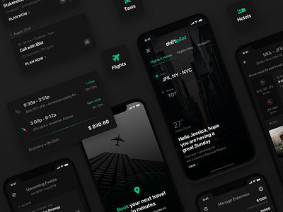 DriftPilot App app application bookings business travel dark darkui flight and hotel flight booking hotel booking mobile app timeline travel ui uiux user experience