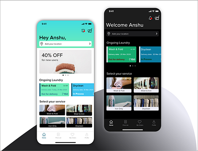 Laundry Room- Home page cards dark theme dark ui dark vs light designs home screen ios laundry app light theme visual design