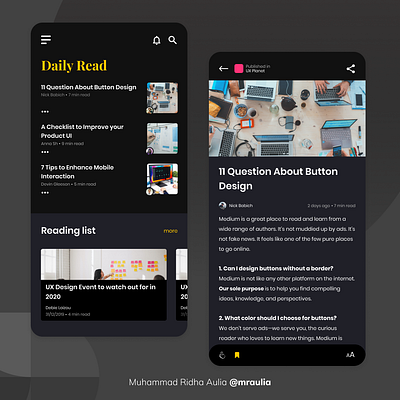 Redesign Medium Android App - Refine the shape app dark mode dark ui design interfacedesign medium reading app redesign ui ux