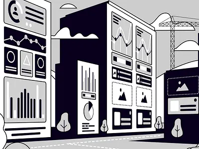 Black and white town illustration 1 illustration