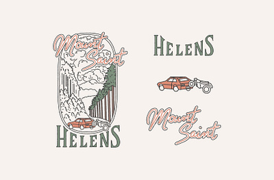 Mt St Helens 1980 Volcanic Eruption branding eruption fir trees forest handlettering illustration lettering mount saint helens northwest old car pnw simple line art volcanoe