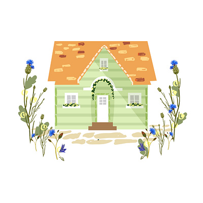 A cute green house with flowers and a flowerbed around. architecture art beautiful building cartoon childish city colorful cottage cute decoration design door estonia exterior facade fashion flat flower house