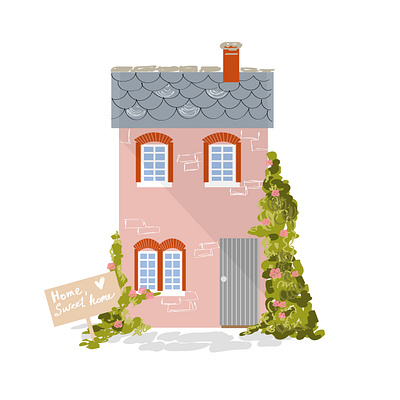 Cute pink house with a gray roof on a white background. architecture art beautiful building cartoon childish city colorful cottage cute decoration design door estonia exterior facade fashion flat flower house