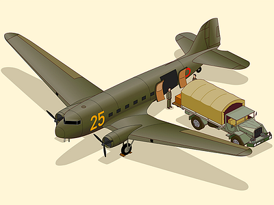 dc-3 cargo airplane animate cc army dc 3 diorama douglas history illustration isometric retro truck