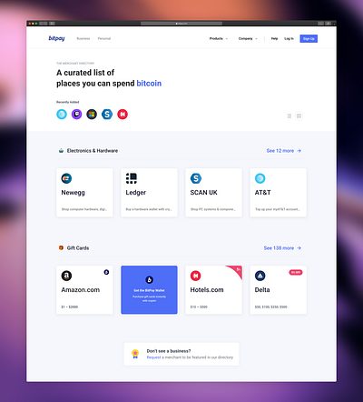 BitPay Directory animation bitcoin blockchain branding crypto directory ecommerce ethereum list logo minimal payment product design shop store ui ux web design website