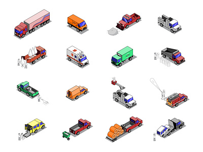 Isometric Trucks agriculture construction dumb emergency fire firefighter pest plumber towing truck van