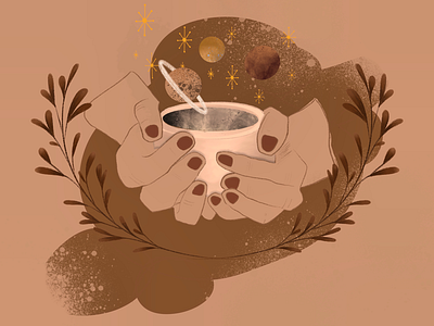 Astro coffee astro coffee digital drawing earth galaxy hands illustration nebula planets plants procreate universe