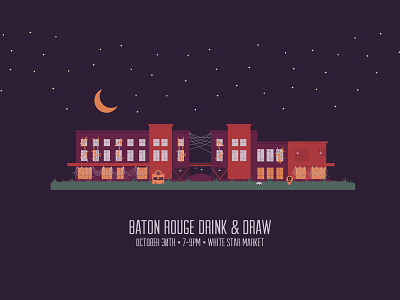 October 2018 Baton Rouge Drink & Draw baton rouge halloween illustraton louisiana moon orange purple spiders spiderwebs stars white star market