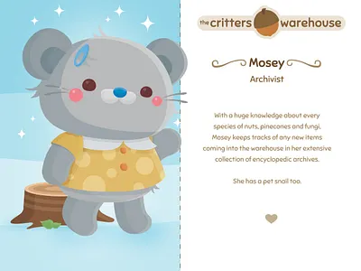 Critters Warehouse: Meet Mosey acorn animal character design critter cute illustration kawaii kidlitart kids mosey mouse rat rodent the critters warehouse vector