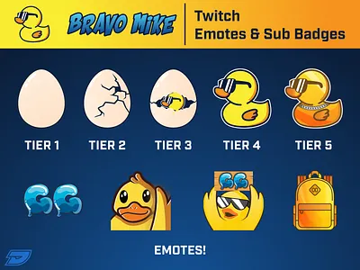 Bravo Mike Twitch Emotes/Sub Badges backpack badge design duck egg emote esports game gaming gg graphic graphics live mixer stream subscribe twitch twitchemotes twitter youtube