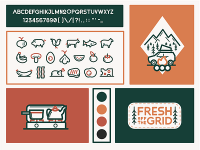 Fresh Off The Grid Brand Style adventure brand branding campfire camping chef colorblock colorpalette cooking fire food icons ingredients logo logos menu outdoors patch pnw trees