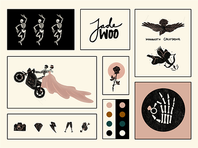 Jade Woo Photography branding arrow branding color pallete cupid diamond edgy flower flower logo handlettering hawks illustration lightning bolt marrage photographer pink punk ring rose skeleton wedding