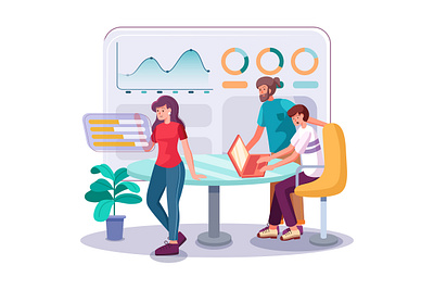 Team works on project with help of analytics, computers and grap app business businessman capital chart currency finance financial graphic growth illustration investment money office project startup teamwork vector work