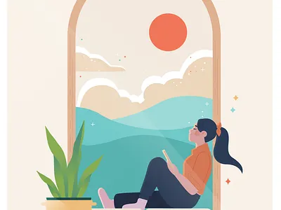 By the window design digital editorial female illustration illustrator minimalist style frame vector
