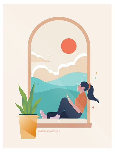 By the window design digital editorial female illustration illustrator minimalist style frame vector