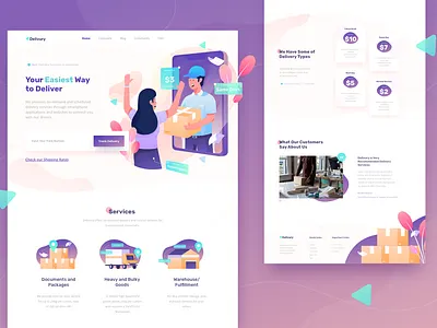 Delivury Landing Page app box character delivery delivery services flat gradient header illustration illustrations landing page package screen website