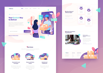 Delivury Landing Page app box character delivery delivery services flat gradient header illustration illustrations landing page package screen website