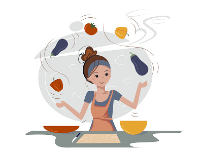 Cute cartoon woman cooking healthy food on the kitchen cook cooking food illustration kitchen meal vector vegetables vegetarian woman