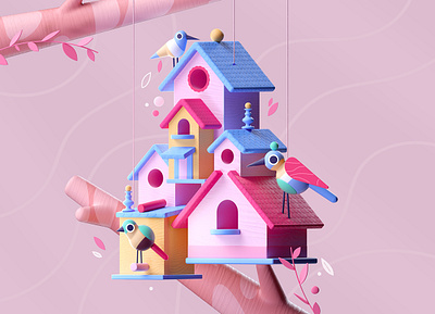 The Birds House 2d 3d architecture birds colors design house illustration pink