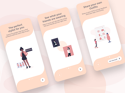 Fashion App Onboarding app community fashion fashion illustration flat illustration neutrals onboarding outfits pastels social social app stylist ui ux ux design