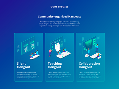 CodeBuddies - Hangouts Introduction affinity designer code community design digital illustration gradient graphic graphicdesign illustration isometric isometric design isometric illustration people ui ux vector art