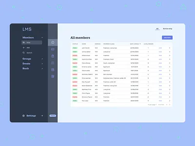 LMS user management table - WIP backend dashboard design member list member table members membership product design table tailwind tailwindcss tailwindui ui ui design uiux user table ux ux design web web design