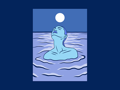 Blue Lady in Water graphic illustration lady moon swimming water