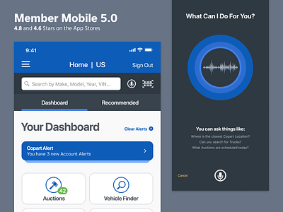 Member Mobile 5.0 app auction auto dashboard ios mobile ui ux voice search