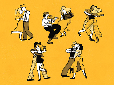 Dancing People black branding dance dance music dance party dancer dancing editorial happiness illustration life lineart lines monochromatic music musicians people people illustration white yellow