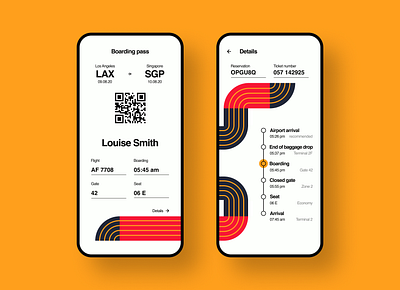 Retro Modern Flight Boarding Pass aircraft airline airplane airport app best shot boarding pass dailyui design flight geometric illustration interaction interface orange popular red ui ux vintage