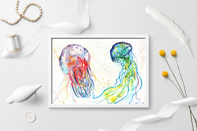 Jellyfishes watercolor blue green illustration jellyfish orange paint painting purple red watercolor