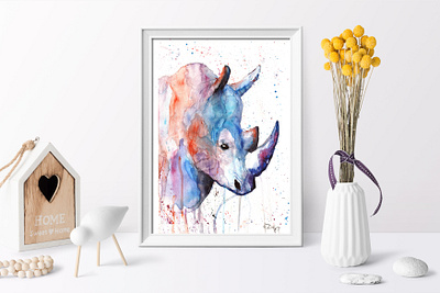 Rhino watercolor blue illustration orange painting purple rhino watercolor